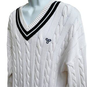 TNA White Varsity Tennis 3D Cable Knit Sweater V Neck Pullover Cotton Blend S